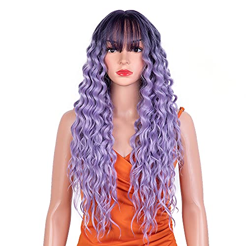 Long Curly Wigs with Bangs 28 Inches Long Wave Synthetic Cosplay Wig for Women Heat Resistant Fiber Natural Looking No Lace Middle Part Cosplay Wigs (Romantic Purple)