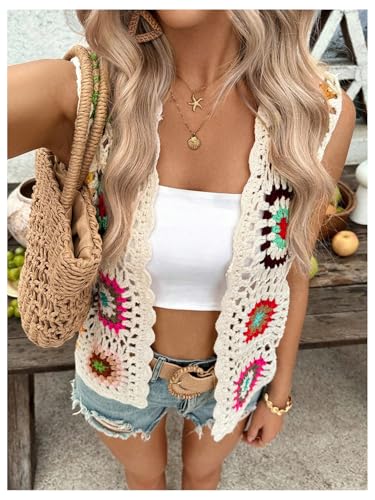 SHENHE Women's Floral Crochet Cardigan Lightweight Sleeveless Open Front Crocheted Sweaters3