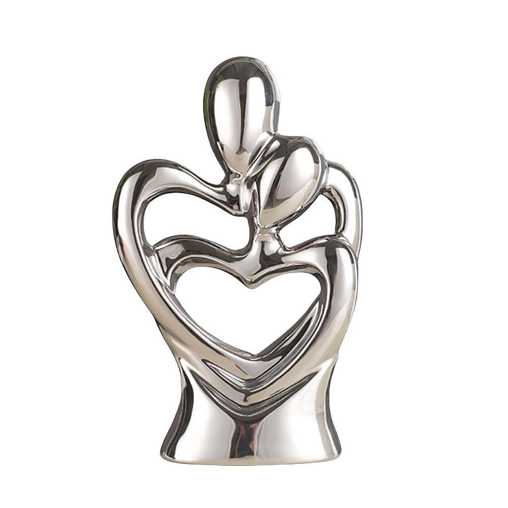 Statua in ceramica di coppia che abbraccia, statua di arte astratta moderna, scultura romantica di coppia astratta, per soggiorno, camera da letto, ufficio, ingresso, camino. (Argento A, Grande)