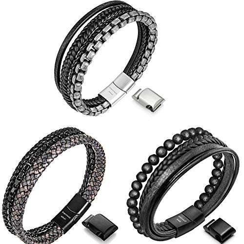 Speroto Mens Bracelets,Leather and bead bracelets in 8.7inch,cuff steel bracelets in Black,Grey and Carbon black