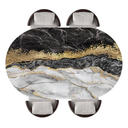 Oval Elastic Edge Tablecloth with Marble Texture Background, Oval Shape with Elastic Polyester Fabric, Water-Resistant Decorative Cover, Party Setup, Home Decor, Fits 42"x60" Oval Tables, Stay-114