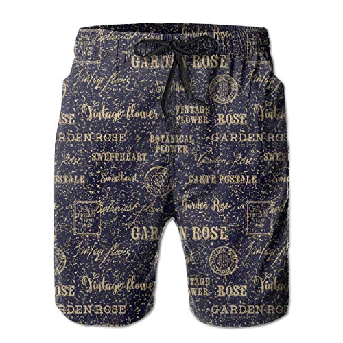 HZamora_H Mens Vintage Stamps Caroen Rose Summer Breathable Quick-Drying Swim Trunks Beach Shorts Cargo Shorts M