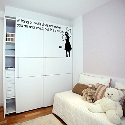 AnOL Banksy Vinilo para Pared Frase La Escritura en Paredes no te Hacen Anarquista/Niña con Cara Sonriente/Street Graffiti Pegatina + Gratis Adhesivo (120x63 cm)