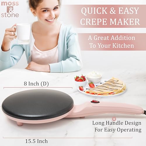 Image of Moss & Stone Pink Electric Crepe Maker, 8 inch Portable Nonstick Crepe Pan