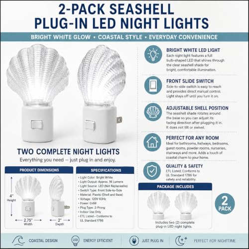 Image of 2-Pack Seashell Plug-In LED Night Lights for Bathroom Hallway Bedroom