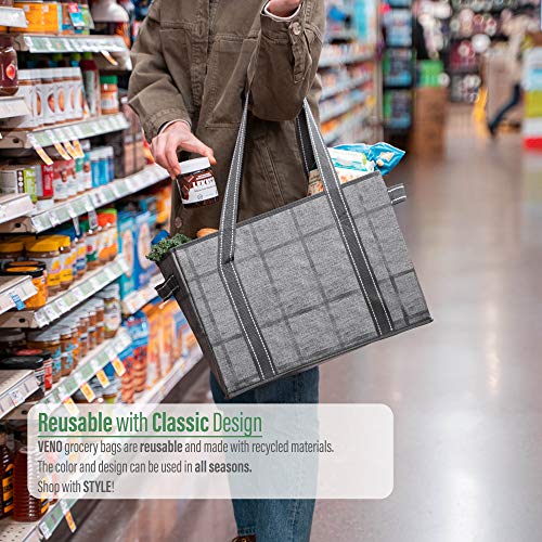 Veno 2 Pack Extra Large Reusable Grocery Bag, Premium Quality, Shopping Cart Bag, Storage Box, Heavy Duty, Hard Bottom, Collapsible, Utility Tote, Trunk Organizer (Black/Windowpane, Xl Set Of 2) #TOP1