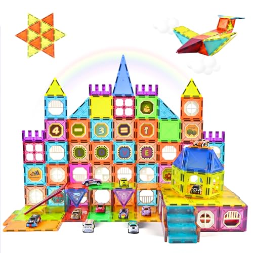 CUIOLTOY Bloques de Construcción Magnéticos 95 Piezas Construcciones Magneticas Niños con 10 Coches de Fricción, 3D Juguetes Magnéticos Regalo Cumpleaños Navidad para Ninos 3 4 5 6 7 8 Anos