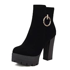 Womens Suede Platform Chunky Heel Ankle Boots With Side Zipper Comfortable Round Toe Block High Heel Booties Winter