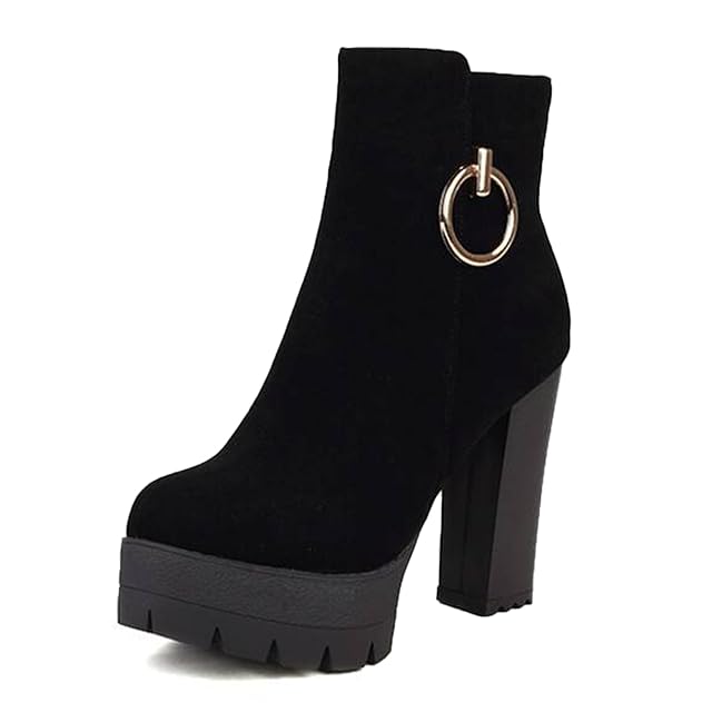 Womens Suede Platform Chunky Heel Ankle Boots With Side Zipper Comfortable Round Toe Block High Heel Booties Winter