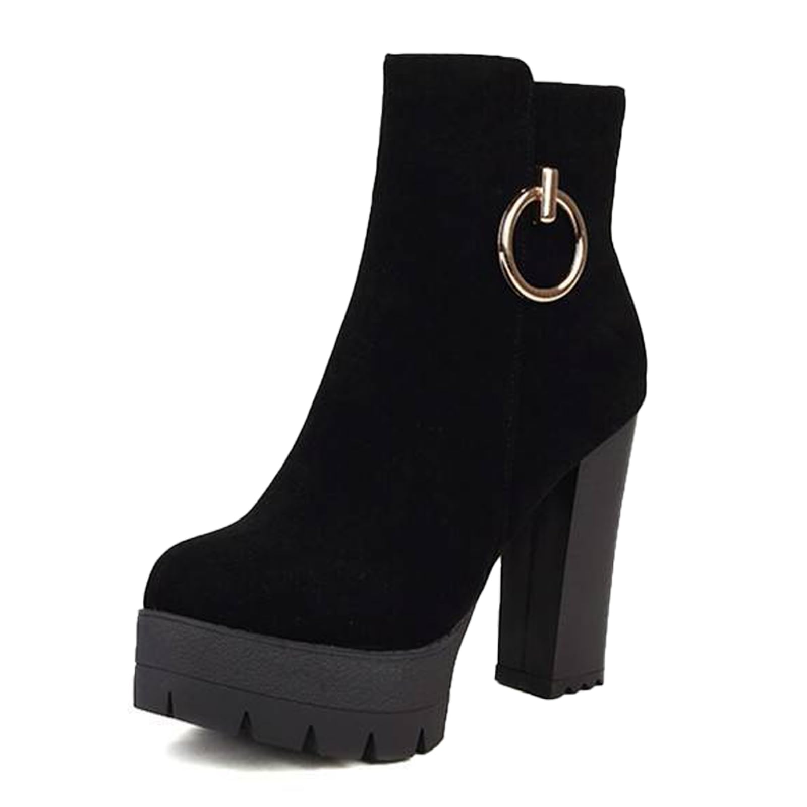 Womens Suede Platform Chunky Heel Ankle Boots With Side Zipper Comfortable Round Toe Block High Heel Booties Winter