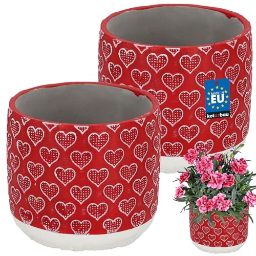 KOTARBAU® 2er Set Blumentopf - Pflanzkübel - ⌀ 13 cm H: 12 cm - Keramik - Übertopf - Rot - Weiß - Orchideentopf - Herzdesign - Dekoobjekt - Groß - Außen