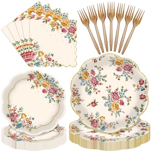 96 Pieces Vintage Floral Tableware Set – Disposable Paper Plates, Napkins, and Forks for Tea Parties, Bridal Showers, Weddings, Birthdays, Mother’s Day, and Garden Celebrations – Serves 24 Guests