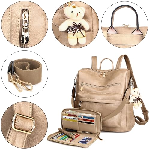 Image of Soperwillton Women Backpack Purse Shoulder Handbags Travel Bag Set 2pcs | Soft PU Leather,Large Capacity,Many Pockets,with a Functional Wallet,with a Detachable Shoulder Strap,Multipurpose Design