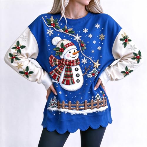 Christmas Sweatshirts for Women Graphic Scalloped Hem Comfy Pullover | Winter Trends for Women 2026, Christmas, Snowman, Cotton, Cozy, Family, School, Weekend, Everyday, Travel, Casual, Work - image 3