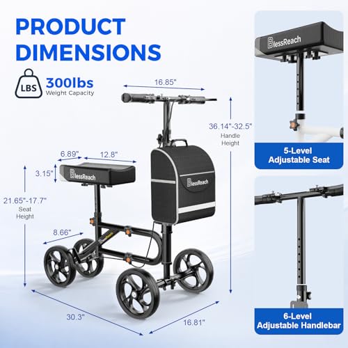 Image of BlessReach Lightweight Knee Scooter for Adults for Foot Injuries,Knee Pad | 300lbs Foldable Leg Knee Scooter, 8'' Rubber Wheels, Dual Brake, Adjustable Height, Crutch Alternative for Ankle Recovery