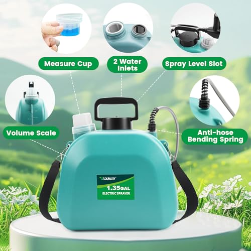 Image of Battery Powered Sprayer 1.35 Gallon, 2026 Electric Garden Sprayer with 3 Adjustable Speeds, 4 Mist Nozzles, Rechargeable Handle, Retractable Wand with Adjustable Shoulder Strap for Weed Lawn(Green)
