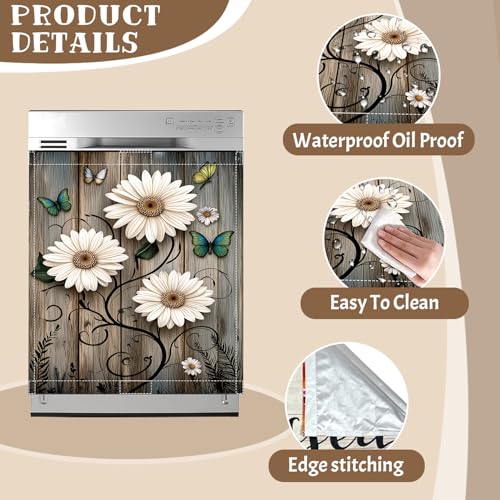 Image of Rustic Daisy Dishwasher Magnet Cover, 23x26 in Floral Butterfly Dishwasher Magnet Covers for Kitchen Decor Summer Farmhouse Dish Washer Sticker Fridge Panel Decal for All Seasons