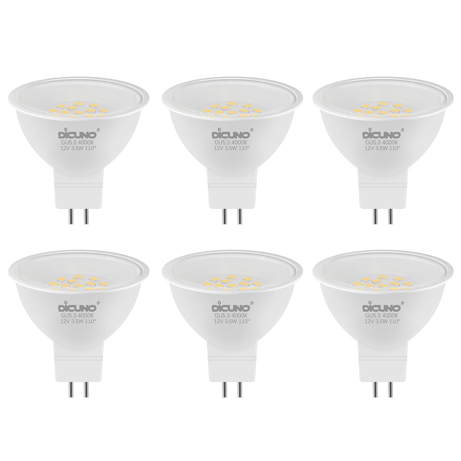 DiCUNO GU5.3 LED Spotlight Bulbs, 12V DC, 3.5W MR16 LED Bulbs, 50W Halogen Equivalent, Natural White 4000K, 110° Beam Angle, 515LM, 2 Pin Base, Non-dimmable, Ideal for Recessed Lighting, 6-Pack