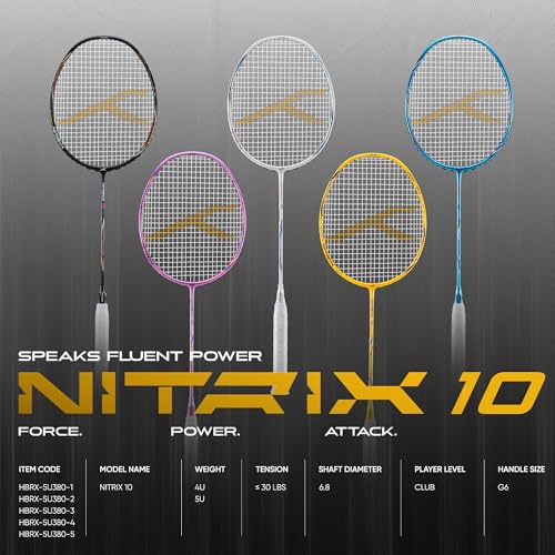 Image of Hundred Nitrix 10 Badminton Racket (Unstrung) | Carbon Fiber Frame | Head-Heavy Attacking Racket | Flexible Shaft for Powerful Smashes | Max Tension 30 lbs | Full Cover Included