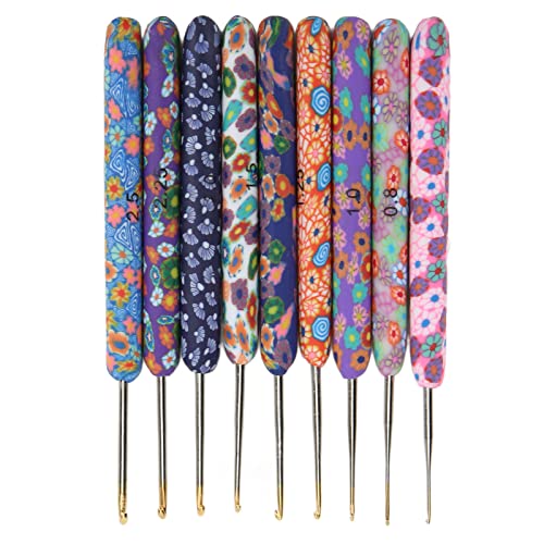 Juego de 9 ganchos de crochet, agujas de tejer con mango de cerámica suave y ergonómico en colores atractivos, kit de crochet de aluminio para manualidades DIY y principiantes, sum