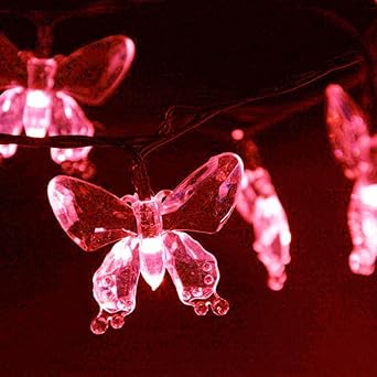 KINGCOO Solar Butterfly String Lights, Waterproof 23ft 50LED Butterfly Solar Powered Butterfly String Lights 8 Mode Lighting Outdoor Indoor Garden Home Wedding Party Christmas Lights Red