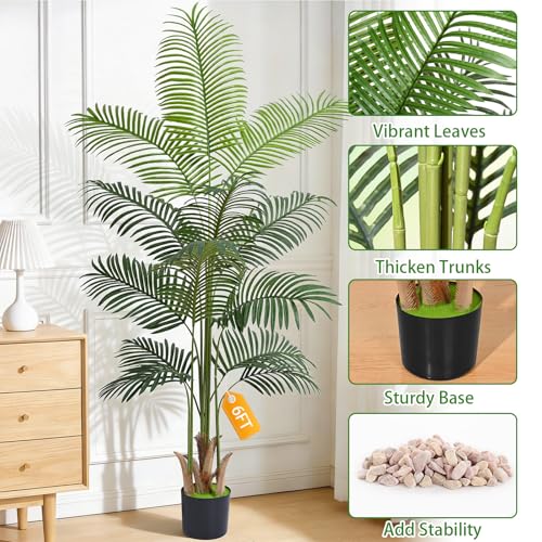 Image of Yastouay 6 FT Artificial Plants Indoor, Tall Plant Palm Tree with Weighted Planter, Tropical Fake Tree with Realistic Leaves & Trunks for Home Office Living Room Bedroom Indoor Outdoor Decor