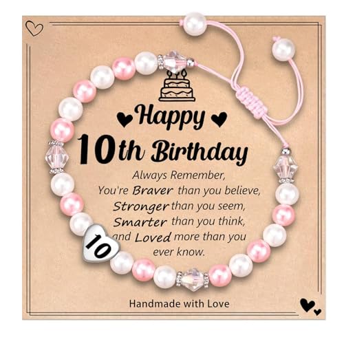 LynixTrade Gifts for 10 Year Old Girls Adjustable Pink White Pearl Bracelet for Sister Friends Daughter Granddaughter Niece Girls Birthday Decoration Gifts for 10 Year Old with Card