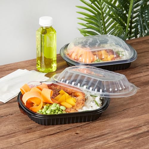 Image of Restaurantware-Chef 101 34 Ounce Meal Prep Containers, 100 Microwavable To Go Containers With Lids - 3 Compartments, Disposable, Black Plastic Oval Food Containers, For Hot And Cold Food, Freezable