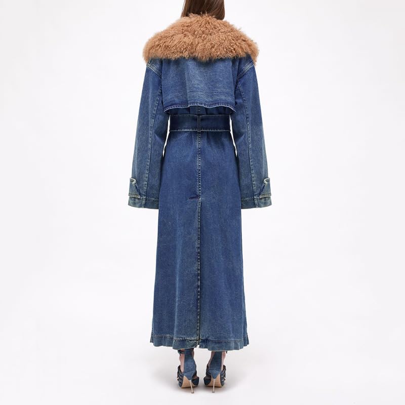 Womens Winter Warm removable fur collar Long Jean Jacket Denim maxi oversize Jacket Trench Coat with Belt3