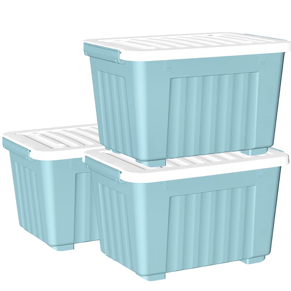 Cetomo 35L*3 Plastic Storage Box,Blue, Tote box, Organizing Container with Durable Lid and Secure Latching Buckles, Stackable and Nestable, 3Pack, with Buckle