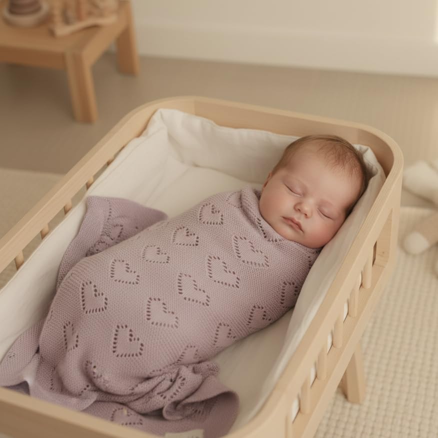 Image of Heirloom Heart Knit Baby Blanket for Girls 100% Cotton Knit Swaddling Baby Blanket - Soft Warm Cozy Swaddle Receiving Cuddle Stroller Blanket for Newborns, Infants, & Toddlers (Lavender)