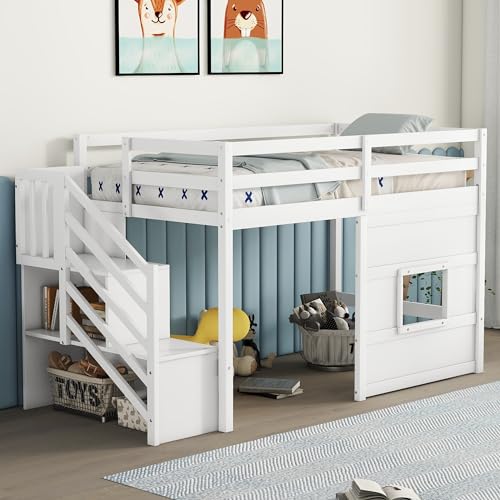 Harper & Bright Designs Twin Size Low Loft Bed with Stairs,Wood Loft Bed for Kids,Loft Bed Twin with Window Design, Space-Saving Twin Bed for Girls Boys,White