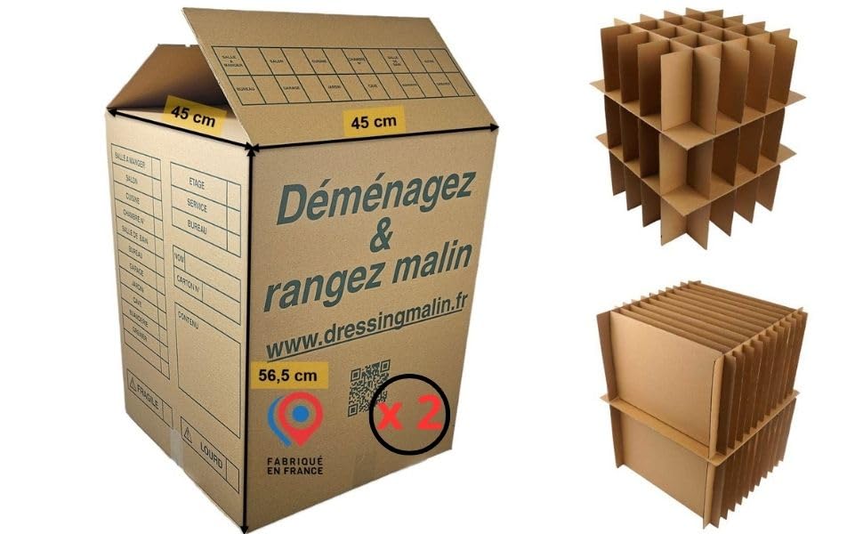 Kit de Déménagement Verres et Assiettes, 2 Cartons 114L double épaisseur, Séparateurs pour 75 Verres et 24 Assiettes, 45 x 45 x 56,5 cm avec intercalaires