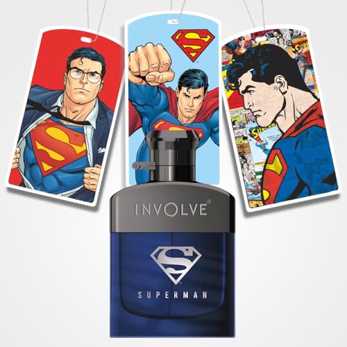 Image of Involve Your Senses Superman Car Perfume Spray with 3 Hanging Cards | DC OFFICIAL MERCHANDISE from Warner Bros | Freshen Up Your Car with Strong Aquatic Notes - WBSPR03-50ml | Car Air Freshener