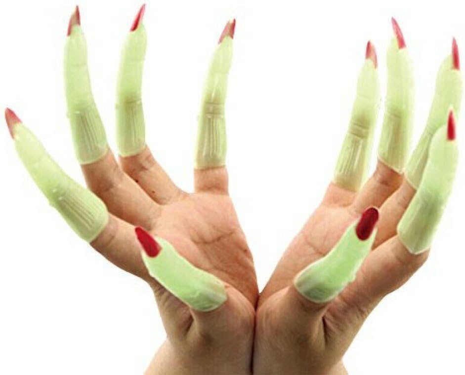 Halloween Witch Fingers Fake Nails by Hello Halloween | Green Glow-in-the-Dark Spooky Witches Fingers w/ Scary Red Nails | Halloween Props Costume Fingers | 10 Spooky Fingers, Approx. 3.5” Long Each