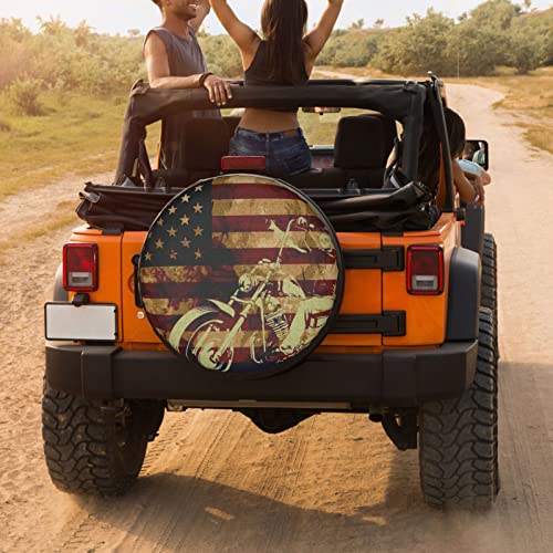 Image of Skull Motorcycle American Flag Spare Tire Cover Dust-Proof Wheel Tire Cover Fit Trailer, RV, SUV and Many Vehicle 17 Inch