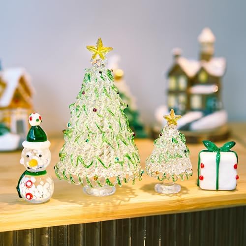 HDCRYSTALGIFTS Set of 4 Mini Blown Glass Christmas Figurines Collectible Miniatures Glass Christmas Tree & Snowman & Gift Box Ornaments Festival Gifts for Winter Holiday Home Tabletop Decor