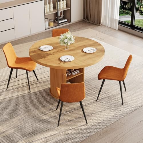 Image of HIPIHOM 5-Piece Dining Set for Small Spaces 43.3 inch Round Table & 4 PU Leather Chairs, Modern Farmhouse with Storage Shelf, Apartment Kitchen Easy Assembly (Natural Color Round Table + 4 Brown Chairs)