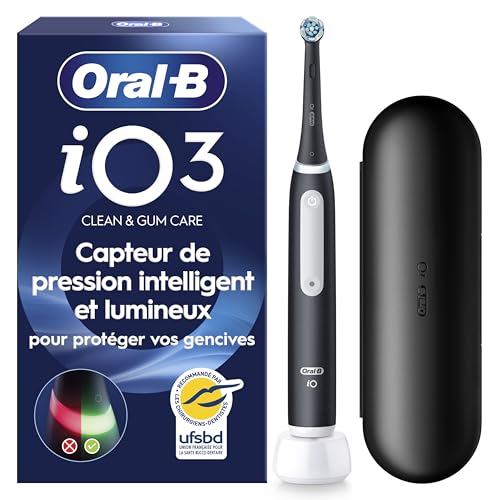 Oral-B Brosse à Dents Electrique iO 3 avec 1 Brossette de Rechange, Noire – 3 Modes de Brossage Silencieux dont Douceur et Blancheur, Capteur de Pression...