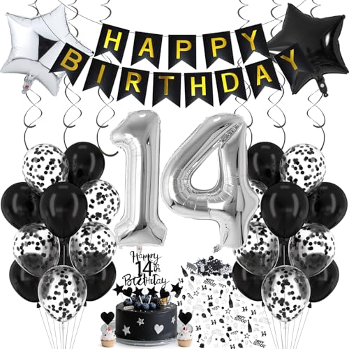 Cadimus Luftballon 14. Geburtstag Schwarz Silber Deko 14. Geburtstag Luftballon 14 Black and White Party Deko Luftballons Schwarz Silber Geburtstagsdeko für 14 Jahre Junge und Mädchen