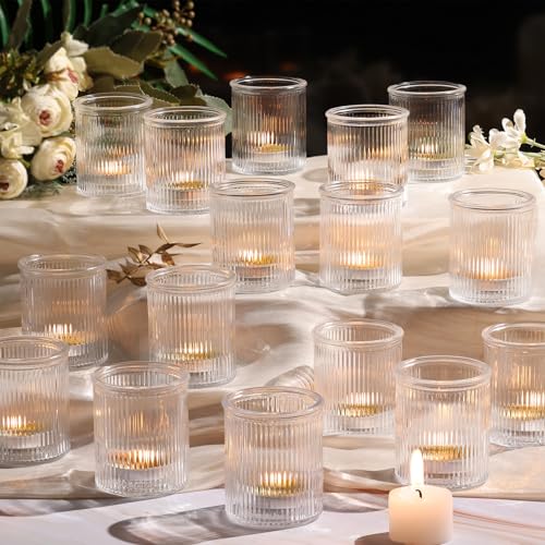 NITIME 32Pcs Ribbed Votive Candle Holders Clear Tea Light Candle Holder for Wedding Table Decor Glass Candle Holder for Bridal Shower Decor Home and Holiday Decor