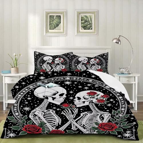 Image of Skull Roses Comforter Set Twin Size Gothic Bedding Set for Kids Adults Women, Skeleton Bones Vintage Flower Rose Quilt Bedroom Decor 1 Comforter 1 Pillowcase