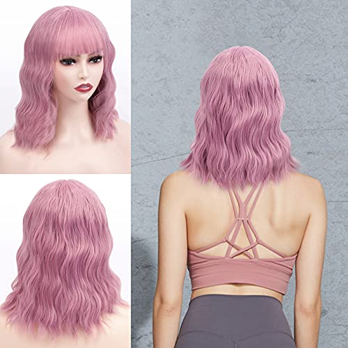 Short Bob Wavy Wig with Bangs Shoulder Length Wavy Wigs Synthetic Curly Bob Wig Purple Pink Wig for Women Natural Looking Heat Resistant Fiber Hair for Party Cosplay 14 Inch, Purple Pink