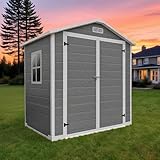 6x4 FT Outdoor Storage Shed with Floor, Plastic Garden Tool Shed with Windows, Vents & Lockable Door, Easy to Assemble Resin Bike Shed for Patio, Backyard, Lawn, Grey