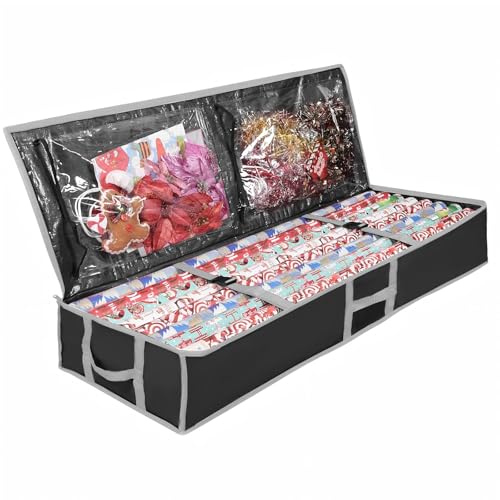 Wrapping Paper Storage Box, 104×36×16 cm Large Capacity Christmas Wrapping Paper Organiser Containers with Zip Pockets, Foldable Gift Wrap Storage for Holiday Decorations (Black with Grey Trim)