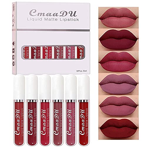 Evpct Cmaadu 6Pcs Matte Liquid Lipstick Lipgloss Lip Stain Makeup Set For Women Deep Dark Red Mauve Original 24 Hour Lipstick Long Lasting Labiales Matte Mate Larga Duracion 24 Horas Originales A-02 #TOP2