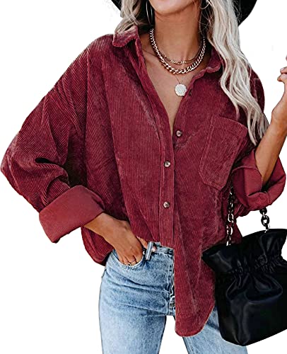 Genhoo Blouses for Women Long Sleeve V Neck Button Up Corduroy Shirts Oversize Solid Corduroy Lapel Button Shacket Jackets Red