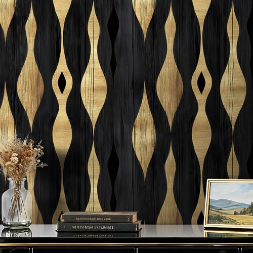 ReWallpaper Black and Gold Art Deco Wallpaper Peel and Stick Removable Modern Abstract Wave Geometric Wallpaper for Living Room TV Backdrop Bedroom Accent Wall Rental Home Easy Install 17.5in X 10ft