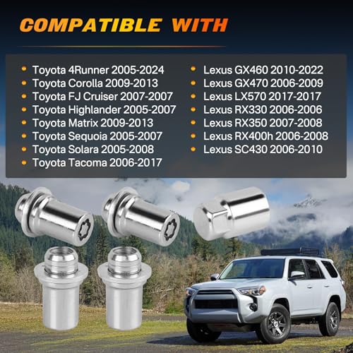 Image of 00276-00901 Chrome Locking Lug Nuts M12 x 1.5 4 Pcs Compatible with 2005-2024 Toyota 4Runner Corolla Cruiser Highlander Matrix Sequoia Solara Tacoma Lexus GX460 GX470 RX330 SC430 27600901
