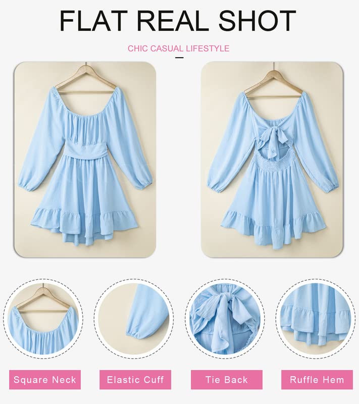 Image of Dokotoo Womens Dress Long Lantern Sleeve Square Neck Tie Backless Sexy Dress Ruffle Elastic Waist A-Line Mini Dress